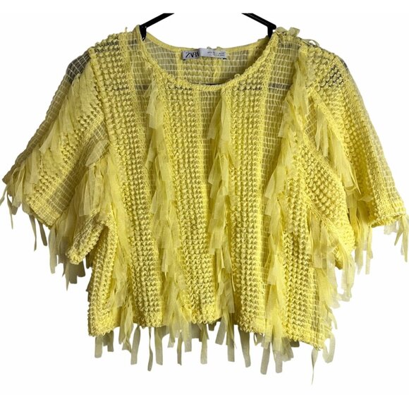 Zara Womens Shirt SZ S Yellow Shaggy fringe Tassel Fuzzy Artzycore - Picture 2 of 7
